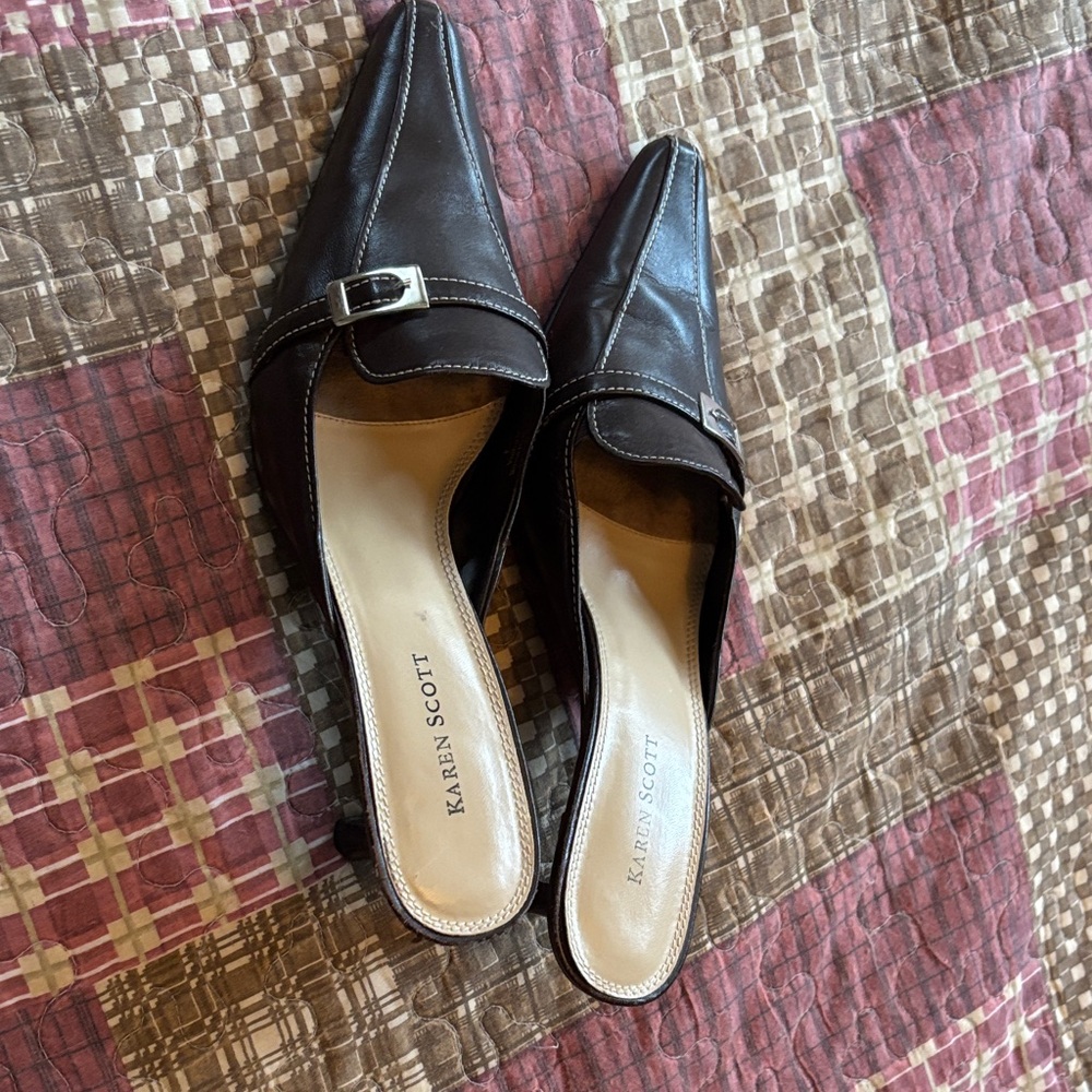 Karen Scott Dark Brown Pointed-Toe Slip-On Mules with Buckle